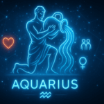 Futuristic digital illustration of the Aquarius compatibility zodiac symbol featuring a glowing neon-blue Water Bearer pouring luminous streams of water against a star-filled cosmic background, with love, friendship, and Venus icons.