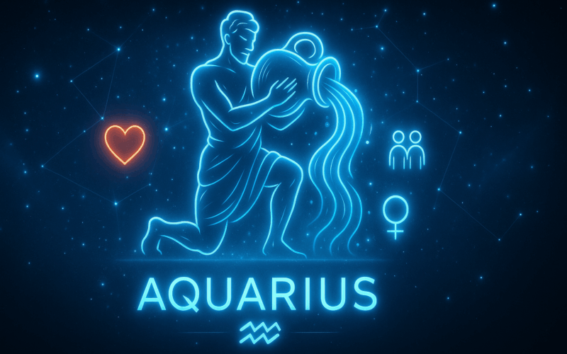 Futuristic digital illustration of the Aquarius compatibility zodiac symbol featuring a glowing neon-blue Water Bearer pouring luminous streams of water against a star-filled cosmic background, with love, friendship, and Venus icons.