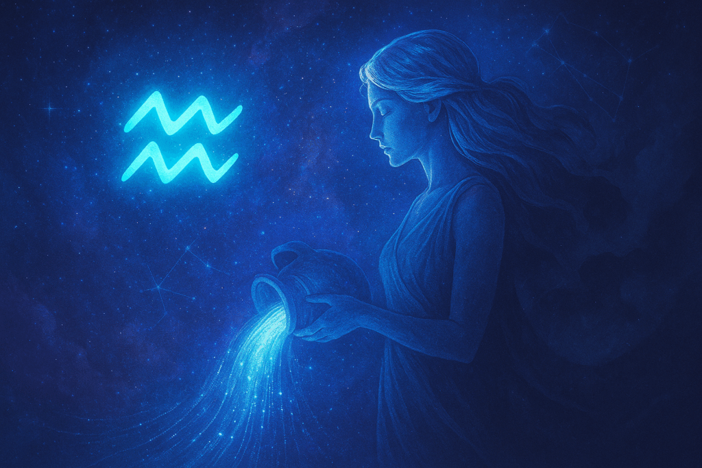 Aquarius Water Bearer pouring cosmic water under a celestial sky with stars and constellations.