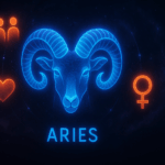 Futuristic neon illustration of the Aries zodiac symbol. A glowing blue ram’s head with spiral horns. Set against a cosmic background of deep purples and blues, with orange-red icons for love, friendship, and compatibility surrounding it.