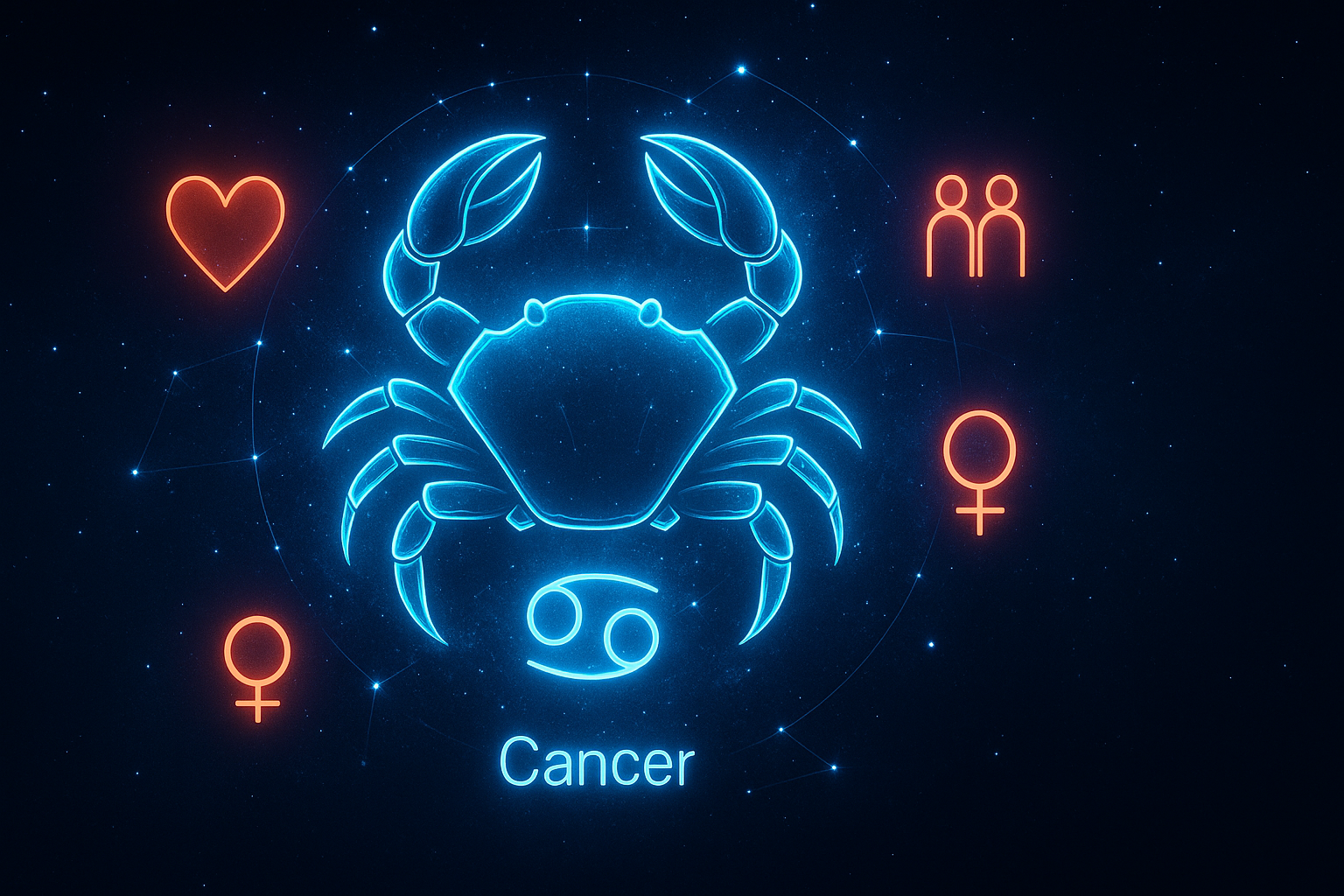 Futuristic neon illustration of the Cancer zodiac symbol. A glowing blue crab with curved claws. Centered on a star-filled cosmic background in cool blues and silvers, surrounded by red-orange symbols for love, friendship, and compatibility.