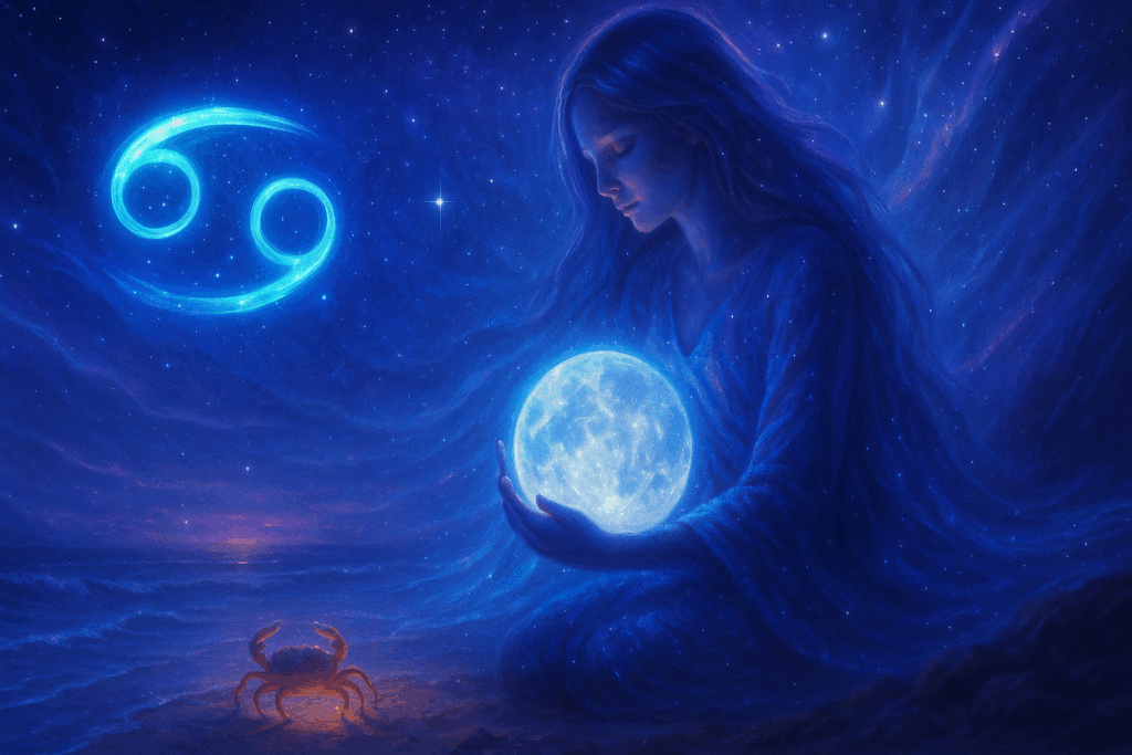 Nurturing figure holding a glowing moon amidst waves and stars, symbolizing Cancer's emotional depth