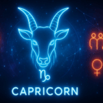 Futuristic neon illustration of the Capricorn compatibility zodiac symbol: a glowing blue goat’s head with curved horns set against a star-filled cosmic background in cool blue and silver hues, surrounded by red-orange symbols for love, friendship, and compatibility.