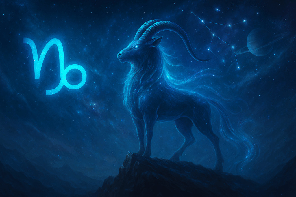 Capricorn Sea-Goat on a mountain under the stars with glyph and Saturn in a celestial night sky.