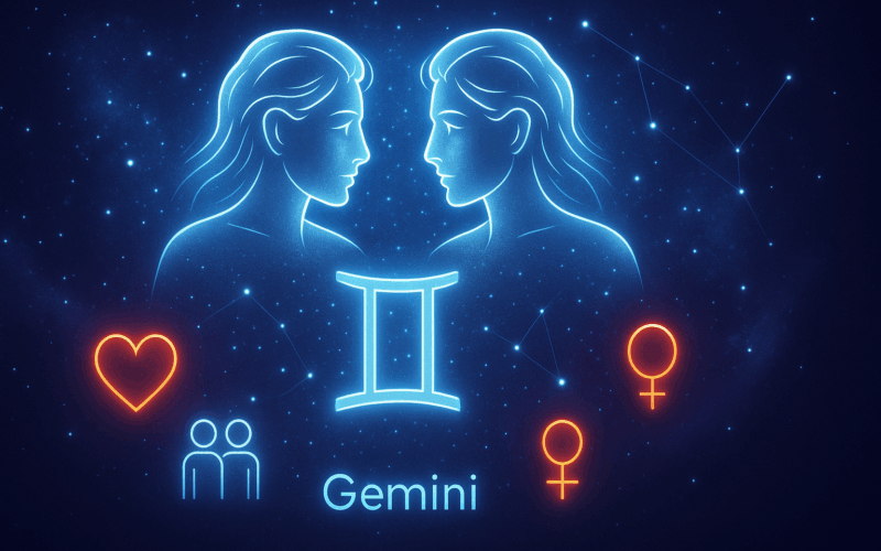 Futuristic neon illustration of the Gemini zodiac symbol featuring glowing twin figures in mirror pose, set against a star-filled cosmic background with airy blue and silver tones. Includes glowing red-orange symbols for love, friendship, and compatibility.