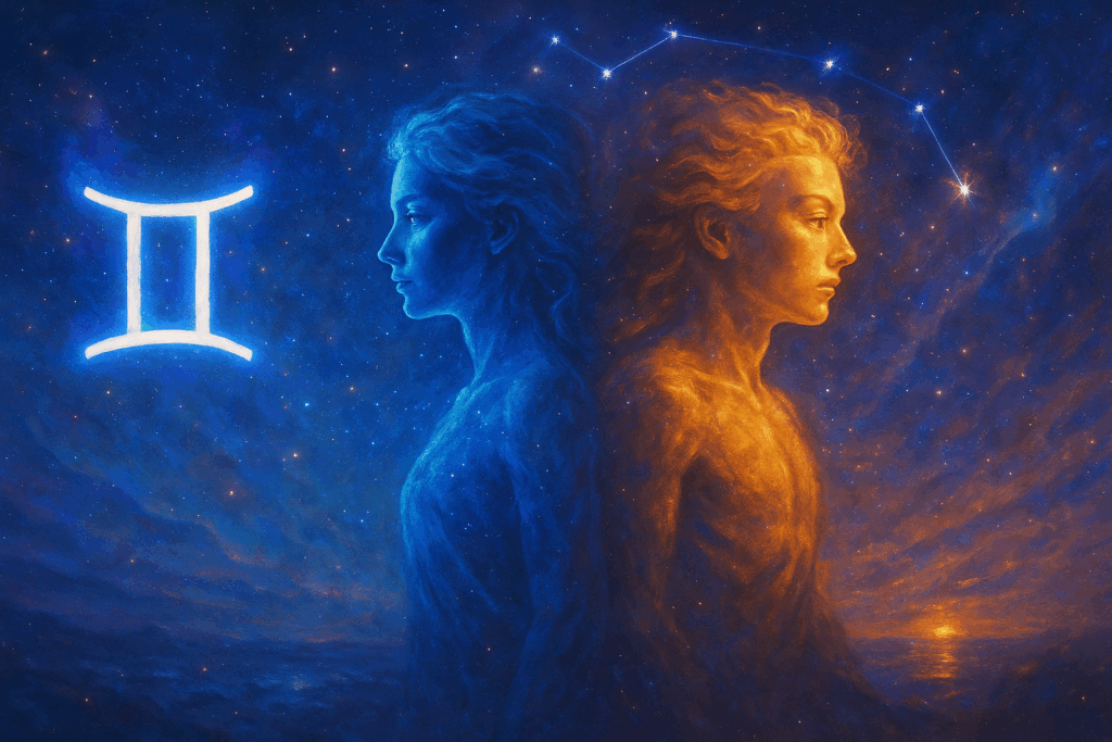 Celestial Gemini twins glowing under a starry zodiac sky.
