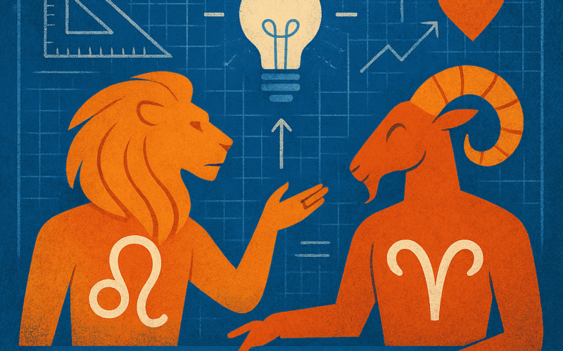 Blueprint with Leo and Aries symbols showing future planning and shared purpose.