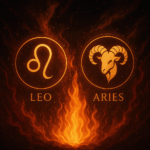 Leo and Aries zodiac signs surrounded by fire, symbolizing passionate compatibility.