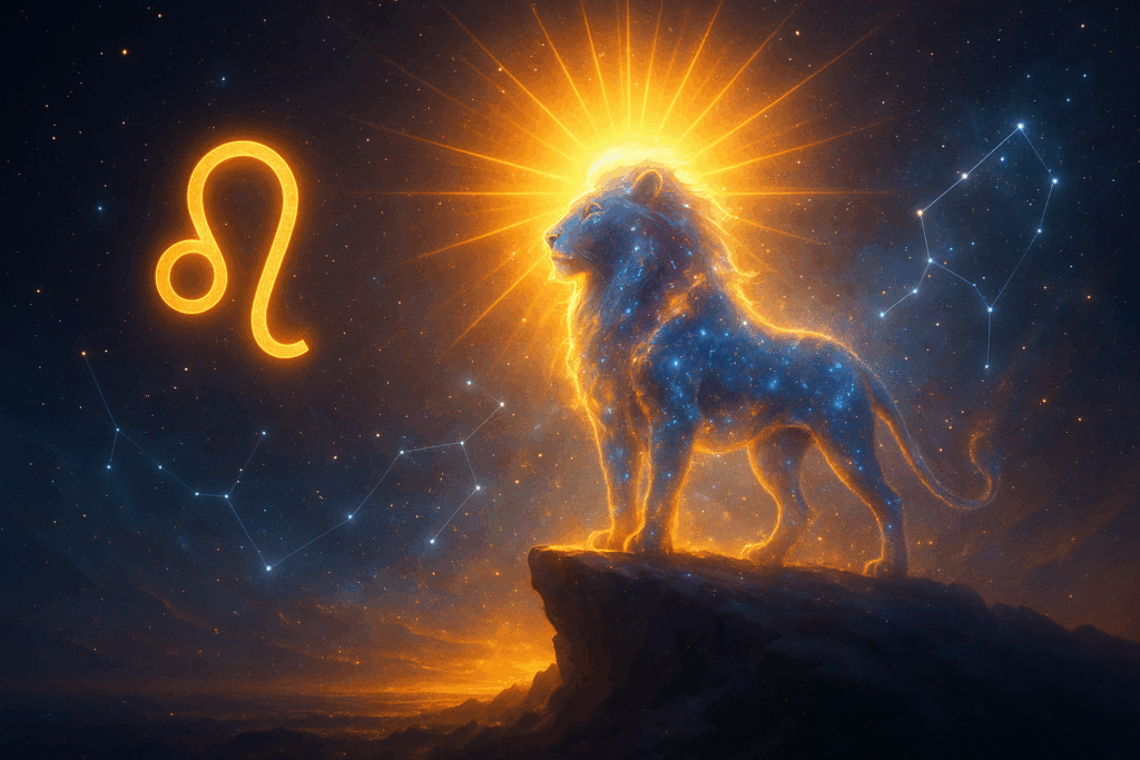 Majestic lion beneath the sun representing Leo zodiac sign with celestial sky.