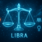 Futuristic digital illustration of the Libra zodiac symbol featuring glowing blue scales surrounded by stars, constellation lines, and icons representing love, friendship, and compatibility.
