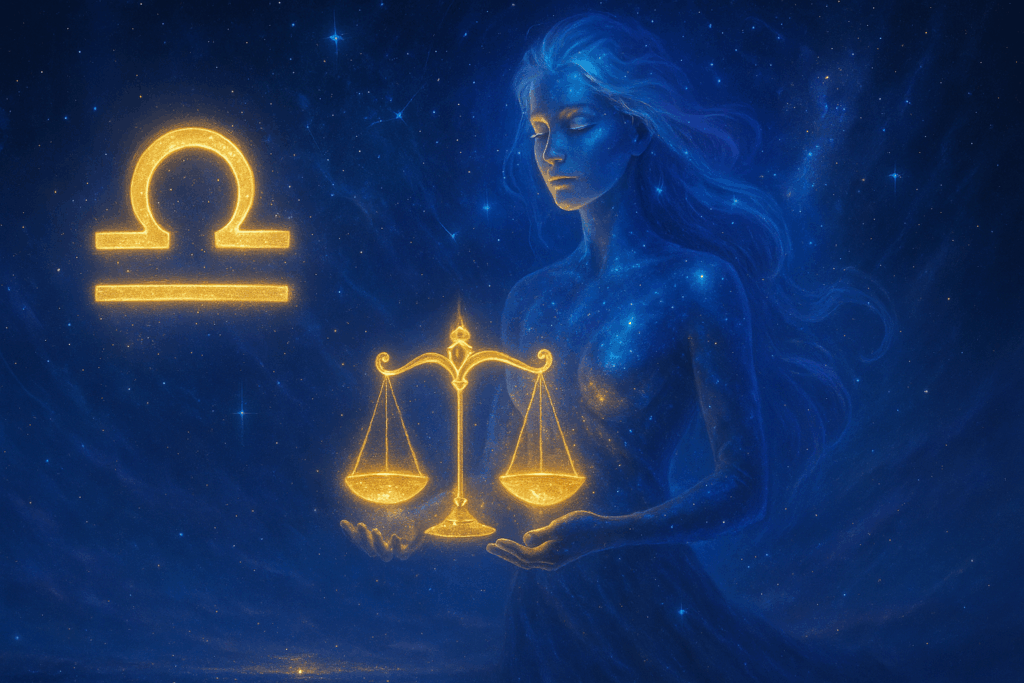 Celestial Libra holding glowing scales under a cosmic sky with radiant glyph.
