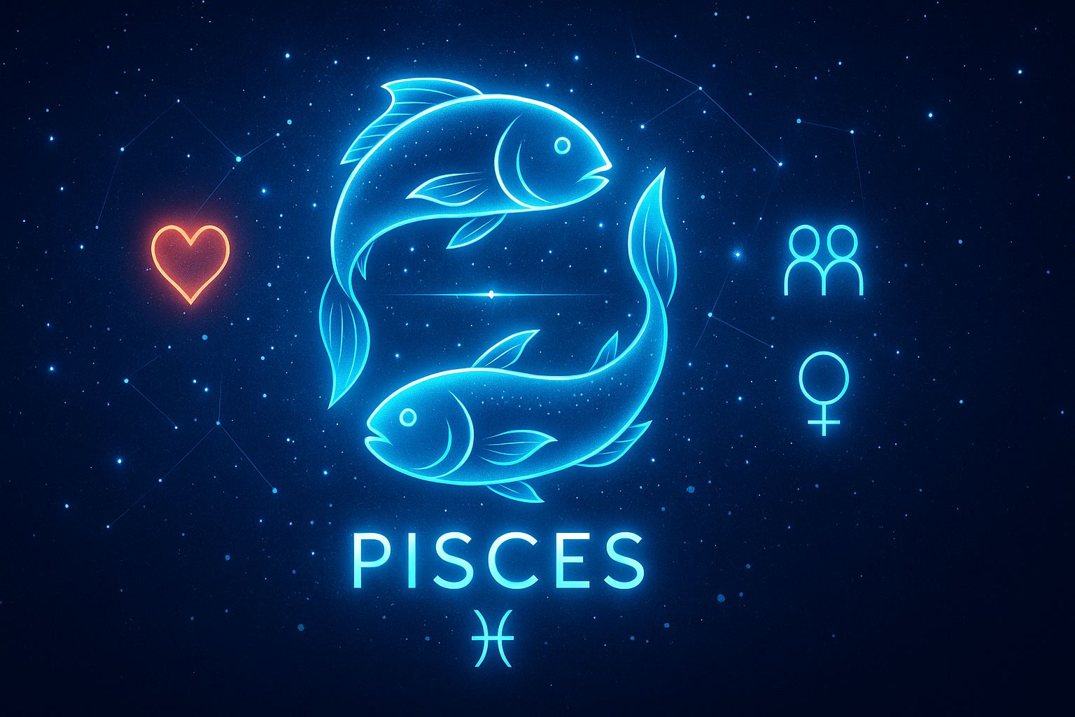 Futuristic digital illustration of the Pisces compatibility zodiac symbol featuring two glowing neon-blue fish swimming in a circular formation against a star-filled celestial background, with icons for love, friendship, and Pisces.