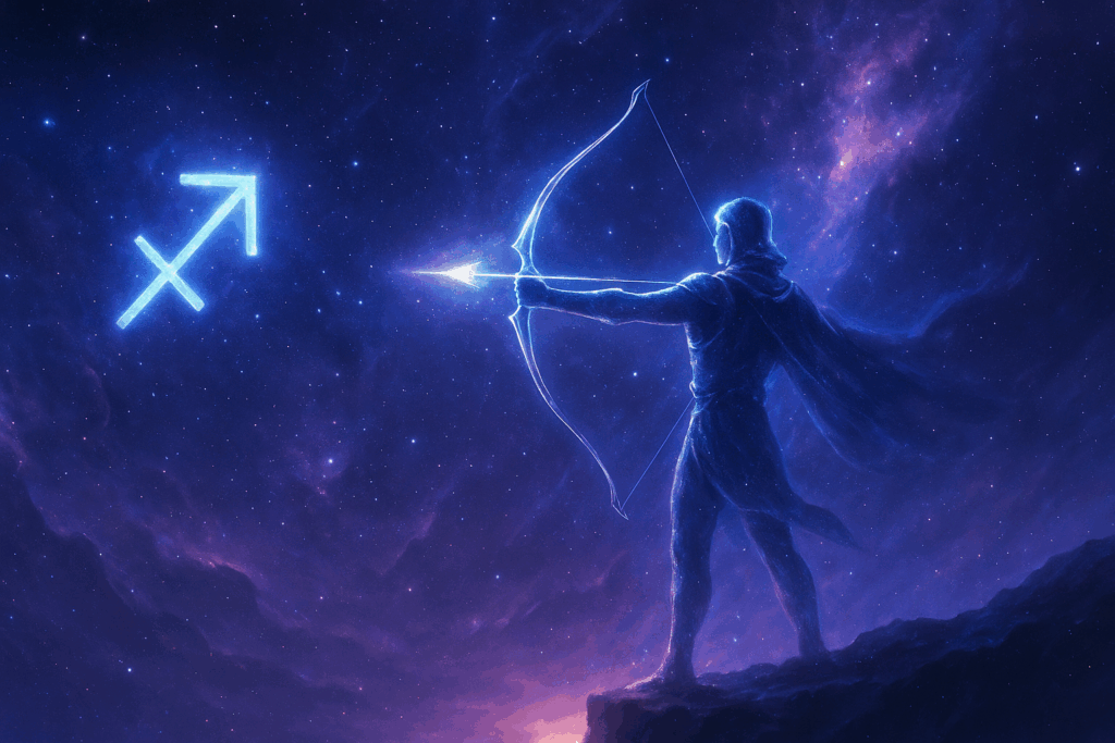 Futuristic celestial archer under a cosmic sky with Sagittarius glyph.