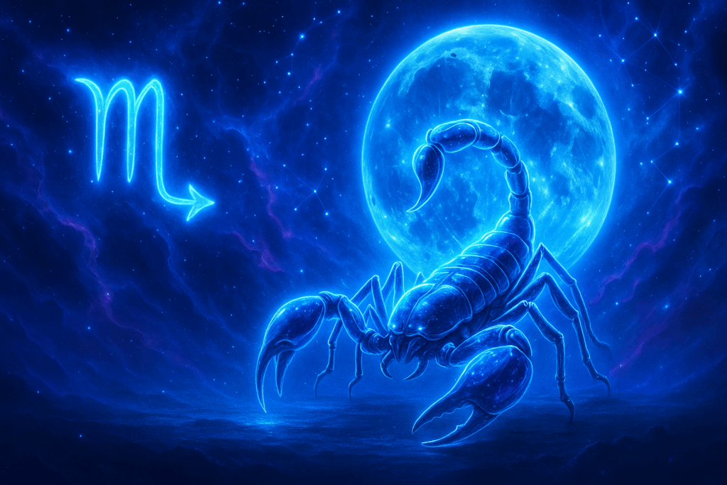 Scorpio zodiac sign represented by a glowing scorpion under moonlight.