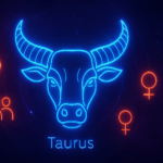 Futuristic neon illustration of the Taurus zodiac symbol. A glowing blue bull’s head with curved horns. Centered on a cosmic background in deep purples and blues, surrounded by red-orange symbols for love, friendship, and compatibility.