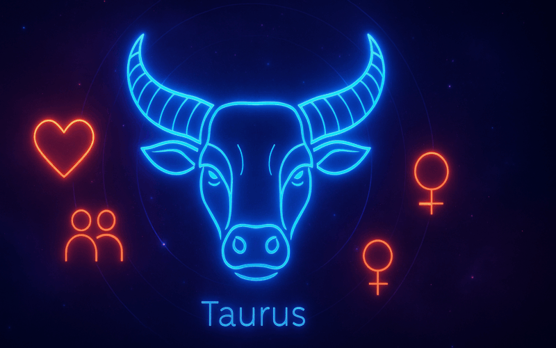 Futuristic neon illustration of the Taurus zodiac symbol. A glowing blue bull’s head with curved horns. Centered on a cosmic background in deep purples and blues, surrounded by red-orange symbols for love, friendship, and compatibility.