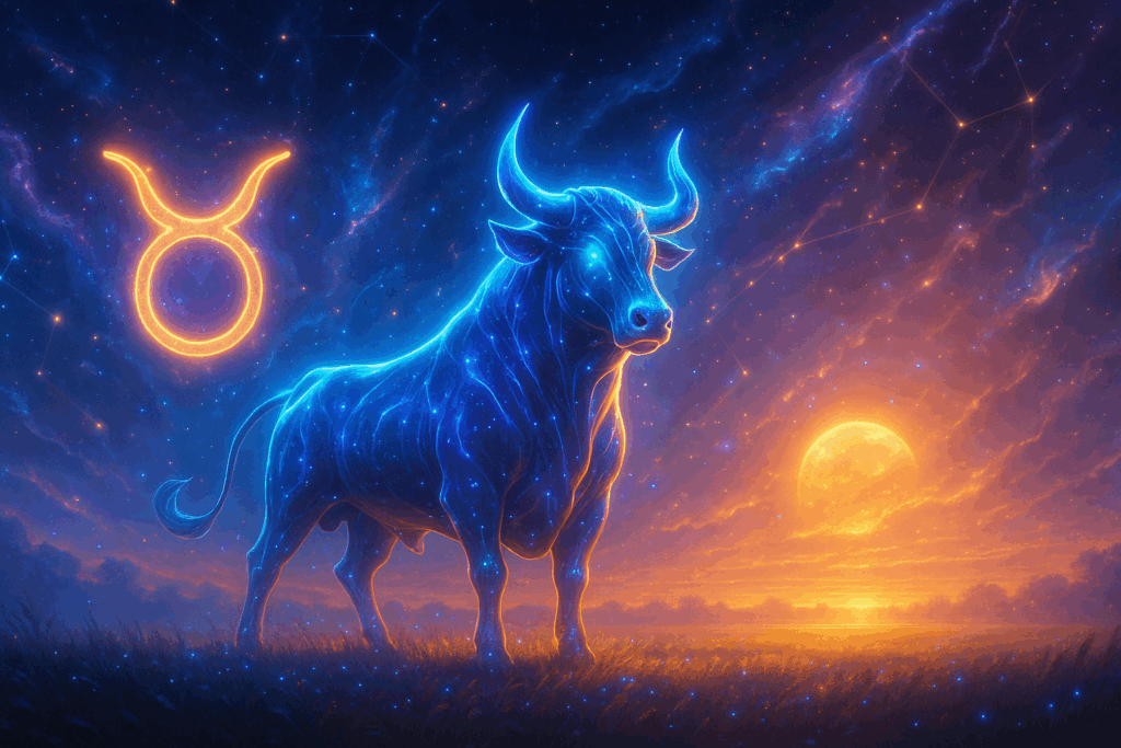 Taurus zodiac symbol represented by a bull under a radiant sunrise with celestial elements.
