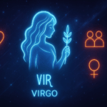 Futuristic neon illustration of the Virgo compatibility zodiac symbol: a glowing blue maiden holding a branch, set against a star-filled cosmic background in cool blue and silver tones, surrounded by red-orange icons for love, friendship, and compatibility.