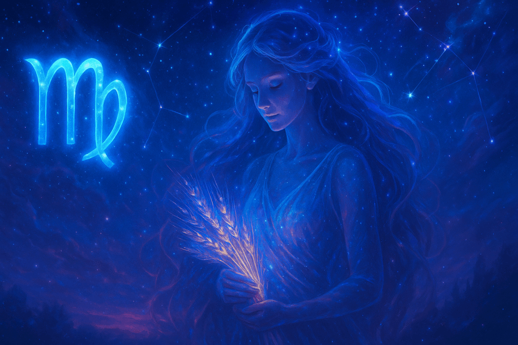 Virgo zodiac sign depicted as a celestial maiden holding wheat in a star-filled sky.