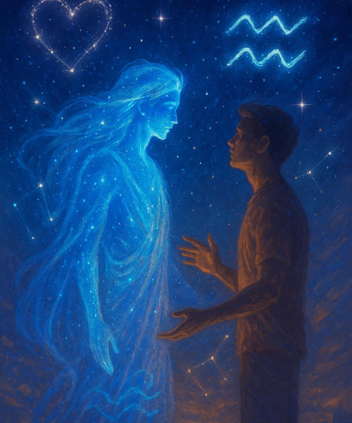 Symbolic Aquarius couple beneath constellations, showing emotional distance and cosmic connection.