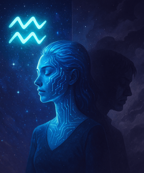 Split scene of Aquarius figure with cosmic intellect on one side and emotional detachment on the other, symbolizing personality duality.
