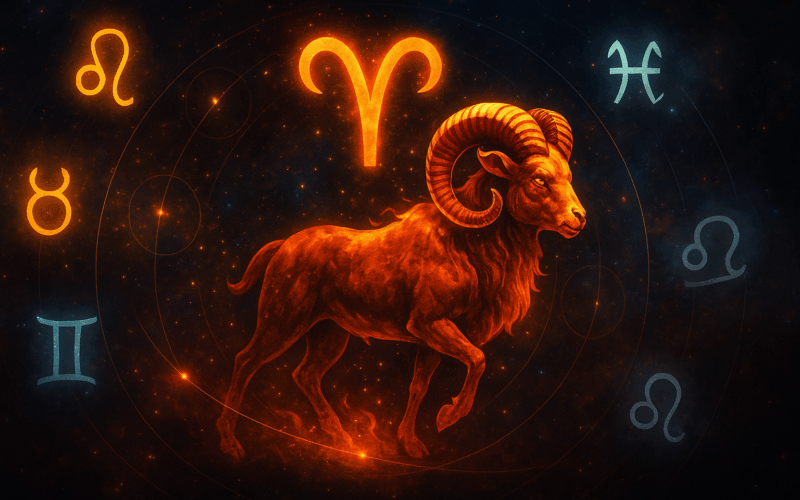 Aries ram in a cosmic field with compatible zodiac signs glowing and incompatible signs dimmed, symbolizing relationship dynamics.