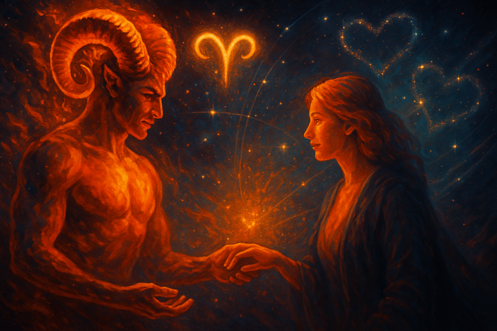 Aries zodiac figure forming a powerful connection with a partner under celestial symbols, symbolizing bold love and loyal passion.