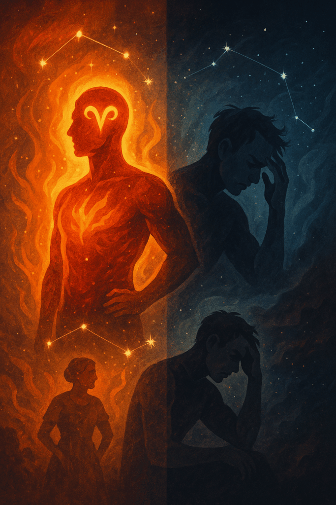 Split scene of Aries figure showing strengths and weaknesses with fire, constellations, and emotional expression.