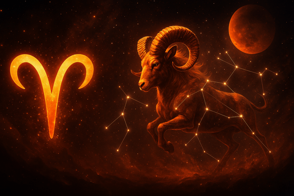 Fiery Aries zodiac symbol with charging ram and Mars over a cosmic background