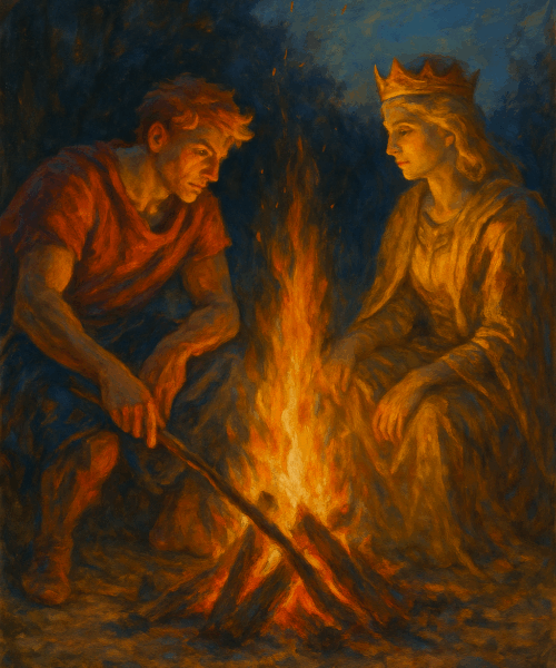 Leo and Aries tending a campfire together symbolizing lasting love.