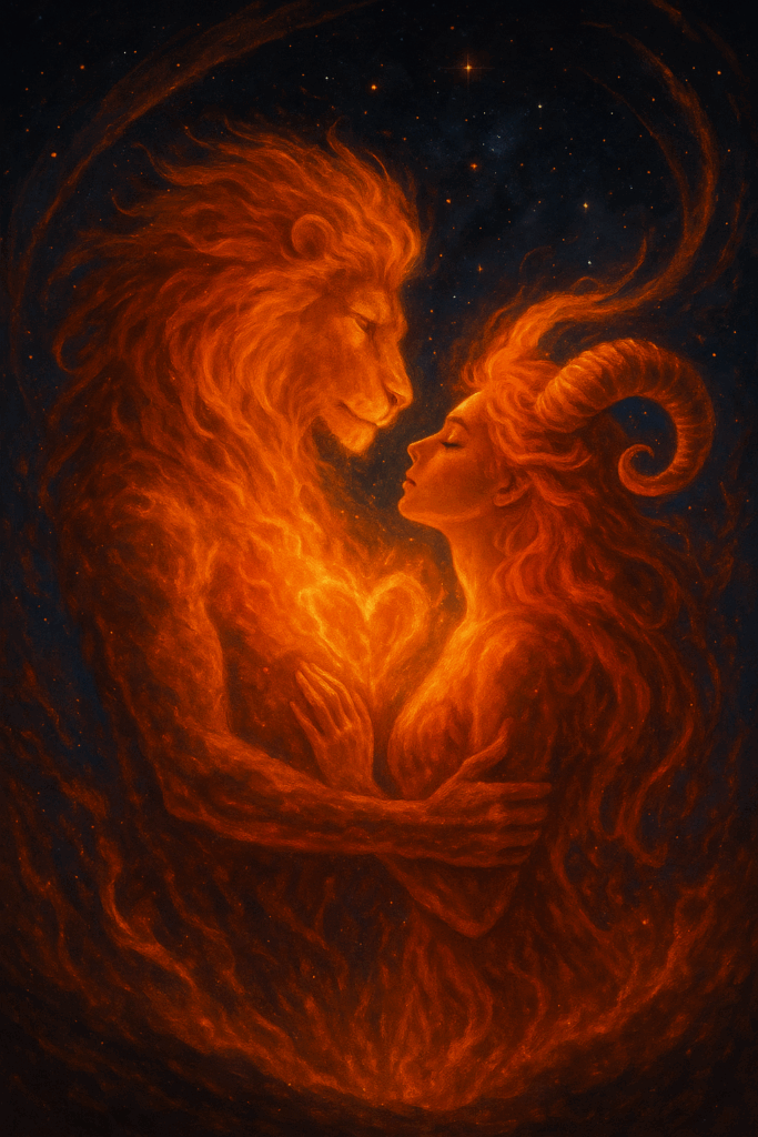 Fiery romantic embrace representing Leo and Aries passionate connection.